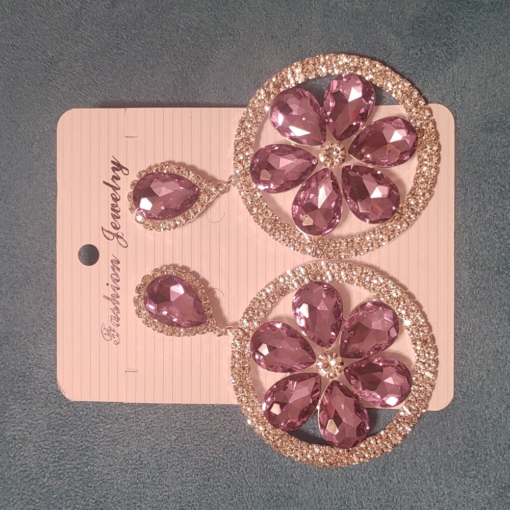 Lavender and Clear Rhinestone Flower Earrings